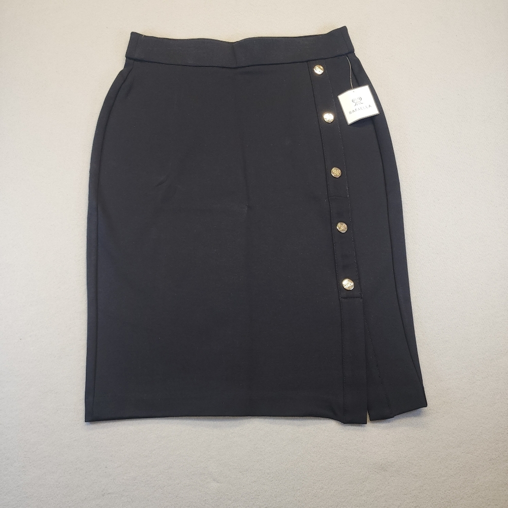 Rafaella Black Ponte Knit Pencil Skirt Gold Button Side Slit Size 8 NWT RSBFD087
